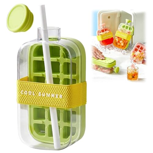 2-in-1-Eiswürfelflasche, Eiswürfelflasche mit Strohhalm, tragbar, berührungsfreie Eiswürfelformen, drücken Sie zum Lösen der Eiswürfelform für Zuhause, Picknicks im Freien, Bürogebrauch (800 ml) von YipuVR