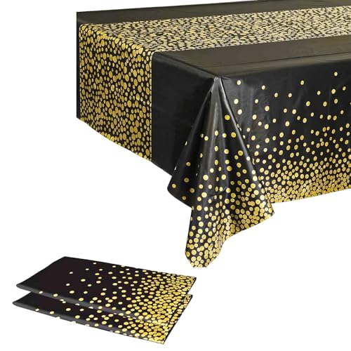 2er Pack Schwarze Plastik Tischdecke mit Gold-Punkten 137x274cm (9x4,5ft) | Tiefschwarz & Hochglanz | Wasserdicht, Ölfest für Hochzeit, Gartenparty | Tischdeko von Yiran