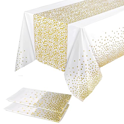 2er Pack Weiß mit Gold-Punkten Plastik Tischdecke 137x274cm (9x4,5ft) Rechteckig | Wasserdicht, Fleckenresistent & Ölfest | Für Geburtstag, Hochzeit, Gartenparty | Tischdeko von Yiran