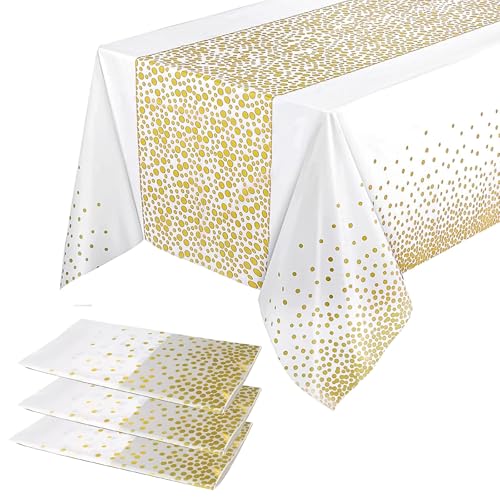 3er Pack Weiß mit Gold-Punkten Plastik Tischdecke 137x274cm (9x4,5ft) Rechteckig | Wasserdicht, Fleckenresistent & Ölfest | Für Geburtstag, Hochzeit, Gartenparty | Tischdeko von Yiran