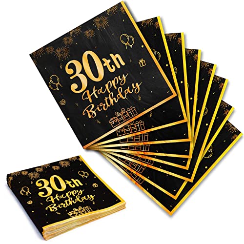 Geburtstag 30 Servietten, 20Stk Schwarze Gold Happy Birthday Servietten 33cm x 33cm Papierservietten für Mann Frau Mädchen Junge Geburtstags Deko Party Supplies Tischdekoration von Yiran