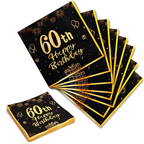 Geburtstag 60 Servietten, 20Stk Schwarze Gold Happy Birthday Servietten 33cm x 33cm Papierservietten für Mann Frau Mädchen Junge Geburtstags Deko Party Supplies Tischdekoration von Yiran