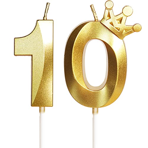 Geburtstagskerze 10 Zahlenkerze 10 mit Krone, 5cm Gold Geburtstagskerzen, Kerzen Geburtstag, Tortendeko Geburtstag, Tortendekoration für Kinder, Erwachsene, 10. Geburtstagsfeier, Jubiläum, Nummer 10 von Yiran