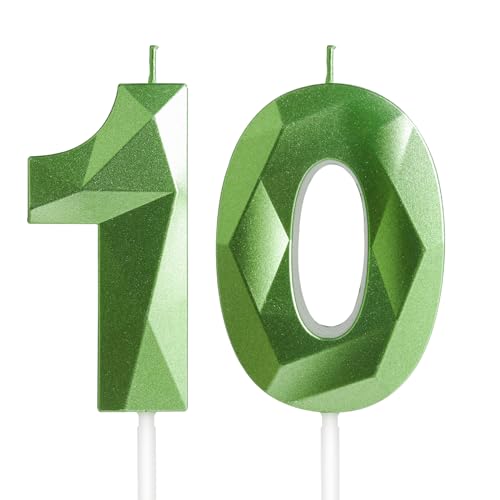 Geburtstagskerzen Zahl 10 Grün - Grüne Kerzen 3D Kerzen für Junge Mädchen Geburtstagstorten, Kerzen zum 10 Geburtstagsdeko (Nummer 10 Kerze, Tortenkerzen) Geburtstagsparty, Feier von Yiran