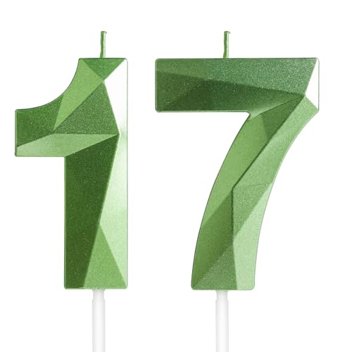 Geburtstagskerzen Zahl 17 Grün - Grüne Kerzen 3D Kerzen für Junge Mädchen Geburtstagstorten, Kerzen zum 17 Geburtstagsdeko (Nummer 17 Kerze, Tortenkerzen) Geburtstagsparty, Feier von Yiran
