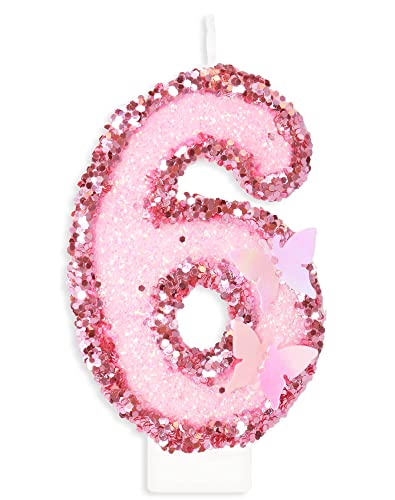 Geburtstagskerzen Zahlen 6, Schmetterling Kerzen Geburtstag, Personalisierte Geburtstagskerzen Kinder, Rosa Tortendeko 6 Geburtstag, Glitzernde Kuchendeko für KinderGeburtstags, Erwachsenen-Jubiläum von Yiran