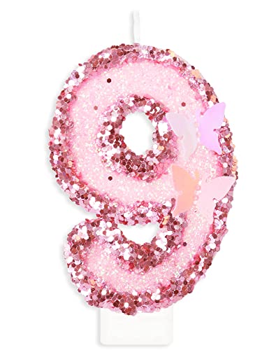 Geburtstagskerzen Zahlen 9, Schmetterling Kerzen Geburtstag, Personalisierte Geburtstagskerzen Kinder, Rosa Tortendeko 9 Geburtstag, Glitzernde Kuchendeko für KinderGeburtstags, Erwachsenen-Jubiläum von Yiran