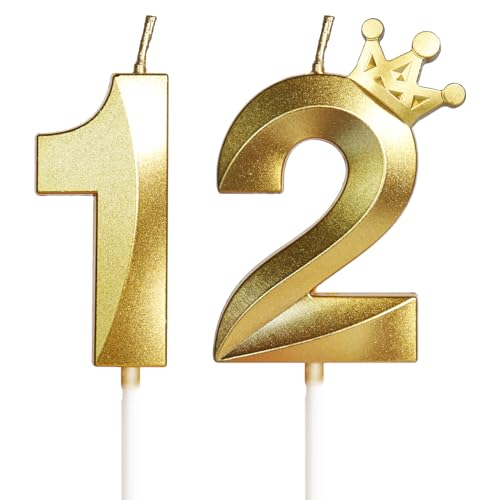 Geburtstagskerzen Zahlen mit Krone 12, 5cm 3D Gold Geburtstagskerzen, Geburtstag Kerzen,Kerzen Geburtstag,Tortenaufsätze Kuchen Topper Dekoration Hochzeit Geburtstag Jubiläum Feier Lieferungen(12） von Yiran