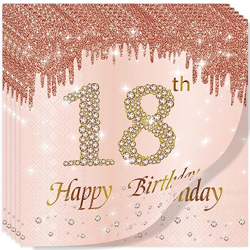 Yiran Servietten 18. geburtstag, 20Stück Roségold Happy Birthday Servietten 33cm x 33cm Papierservietten, Deko 18 geburtstag für Frau Geburtstag Feiern Decorations Party Jubiläum von Yiran