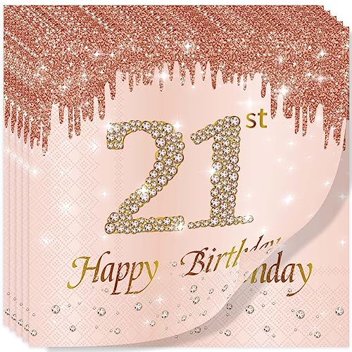 Yiran Servietten 21. geburtstag, 20Stück Roségold Happy Birthday Servietten 33cm x 33cm Papierservietten, Deko 21 geburtstag für Frau Geburtstag Feiern Decorations Party Jubiläum von Yiran