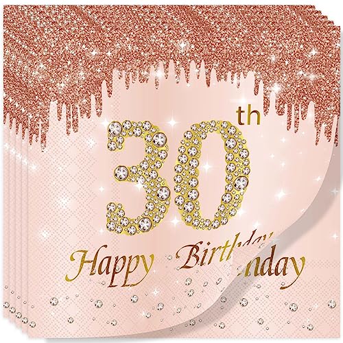 Yiran Servietten 30. geburtstag, 20Stück Roségold Happy Birthday Servietten 33cm x 33cm Papierservietten, Deko 30 geburtstag für Frau Geburtstag Feiern Decorations Party Jubiläum von Yiran