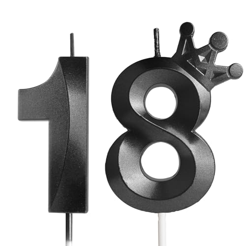 Yiran Geburtstagskerze 18 mit Krone Schwarz -3D Schwarze Kerzen Geburtstag Tortendekoration, Schwarze Zahlenkerze für Kuchendekoration - 18. Geburtstagsparty Junge Mädchen- Jubiläumsdekoration Torte von Yiran