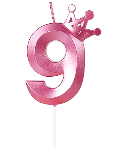 Yiran Geburtstagskerze Zahlen 9, 8cm Rosa Geburtstagskerzen mit Krone, Kerze Geburtstag, Geburtstag Kerze, Tortendeko Geburtstag, Kuchendeko Geburtstag, Geburtstagskerzen für Geburtstagsdeko, Nummer 9 von Yiran