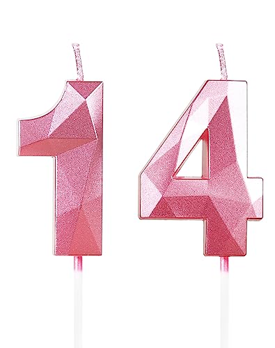 Yiran Geburtstagskerzen Zahlen 14, 5cm 3D Rosa Geburtstagskerzen, Kerzen Geburtstag, Geburtstag Kerzen, Tortendeko Geburtstag, Kuchendeko Geburtstag, Geburtstagskerzen für Geburtstagsdeko, Nummer 14 von Yiran