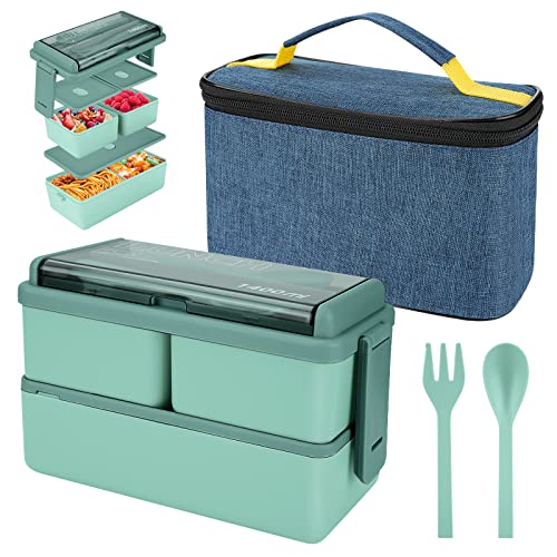 1400 ml Lunchbox mit 3 Fächern - 2 Schicht Leckdosen Bento Box mit isoliertem Beutel und Besteck, Mahlzeitenvorbereitungsbehälter für Erwachsene Kinder Studenten Büro Mikrowelle Safe verfügbar (grün) von yirochan