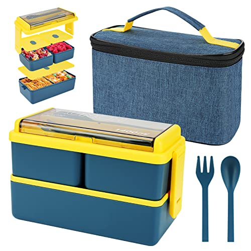 1400 ml Lunchbox mit 3 Fächern - 2 Schicht Leckdosen Bento Box mit isoliertem Beutel und Besteck, Mahlzeitenvorbereitungsbehälter für Erwachsene Kinder Studenten Büro Mikrowelle Safe verfügbar (blau) von Yirochan