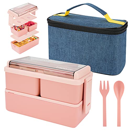 1400 ml Lunchbox mit 3 Fächern - 2 Schicht Leckdosen Bento Box mit isoliertem Beutel und Besteck, Mahlzeitenvorbereitungsbehälter für Erwachsene Kinder Studenten Büro Mikrowelle Safe verfügbar (rosa) von yirochan