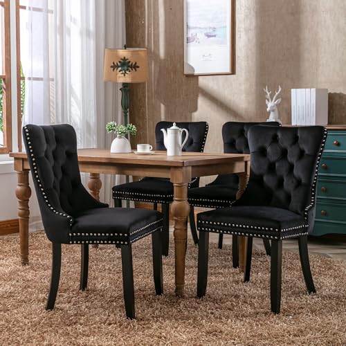 Esszimmerstühle 4er Set Modern Gepolsterter Samt Esszimmerstuhl Küche Lounge Stühle mit Gebürsteten Holzbeinen für Esszimmer Wohnzimmer (Schwarz) von Yiscase