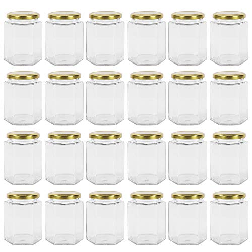 Yishik 24 Stück Marmeladengläser mit goldfarbenem Deckel, 270 ml sechseckige Glasdosen für Babynahrung, Nüsse, Gewürze oder handgefertigte Desserts von Yishik