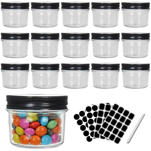Yishik Einmachgläser mit luftdichtem, schwarzem Deckel, 16 Stück, 100 ml, kleine Küchenaufbewahrungsgläser für Marmeladen, Obst, Gelees, Babynahrung oder handgefertigte Desserts von Yishik