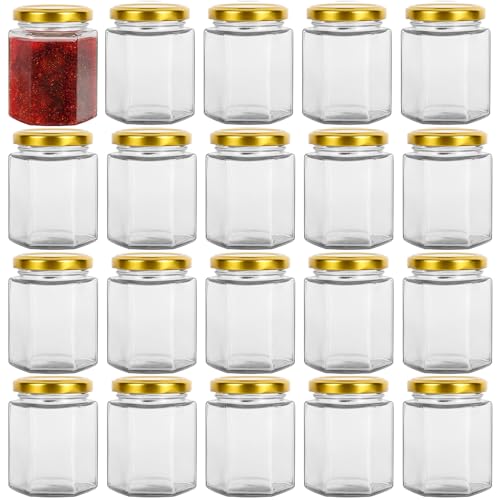 Yishik Sechseckige Einmachgläser aus Glas mit goldfarbenem Deckel, 180 ml, für Nüsse, Obst, Gewürze, Babynahrung oder handgefertigte Desserts, 170 ml, 20 Stück von Yishik