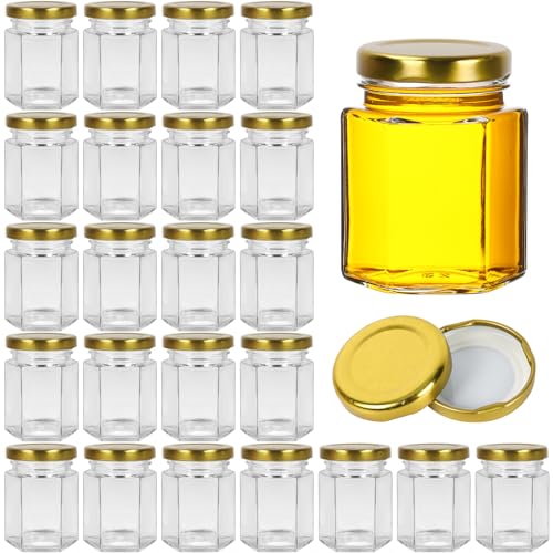 Yishik Sechseckige Einmachgläser mit goldfarbenem Deckel, 90 ml, 24 Stück, kleine Einmachgläser für Marmeladen, Gewürze, Süßigkeiten, Babynahrung, Hochzeitsgeschenke oder Kunsthandwerk von Yishik