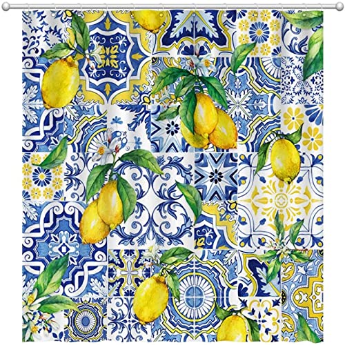 Blaue Fliesen Zitrone Duschvorhang Sommer Obst Chic Badewannen Wasserdicht Polyester Duschvorhang Badezimmer Dekoration 200x180cm(79x71in) von Yishui Art