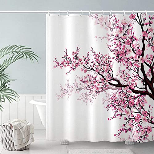 Floral Cherry Blossom Duschvorhang Badezimmer Sakura Plum Flower Bath Bathtub Decor Wasserdichter Stoff Maschinenwaschbar 165x153cm(65x60in) von Yishui Art