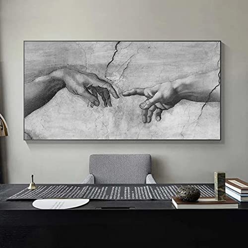 Schwarz-Weiß-Leinwandgemälde Die Erschaffung Adams von Michelangelo Berühmte Wandkunstposter und Drucke Hand-zu-Hand-Bilder 40 x 80 cm (16 x 31 Zoll) rahmenlos von Yishui Art