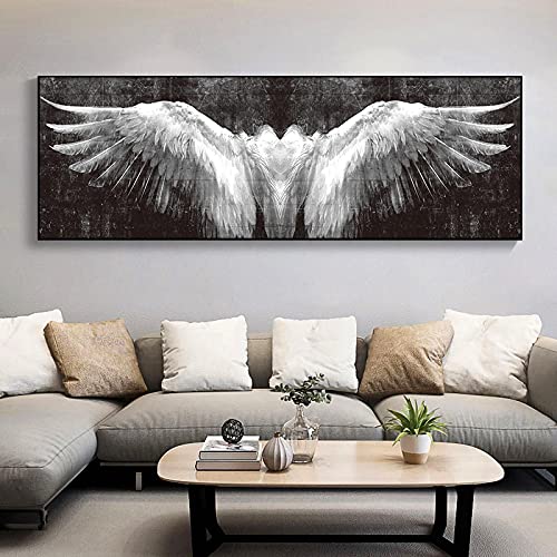 Yishui Art Druck auf Leinwand Abstrakte Schwarz-Weiß-Federflügel Malerei Wandkunst Bild Wohnzimmer Wohnkultur Poster Kunstwerk 50x150cm (20x59in) Rahmenlos von Yishui Art