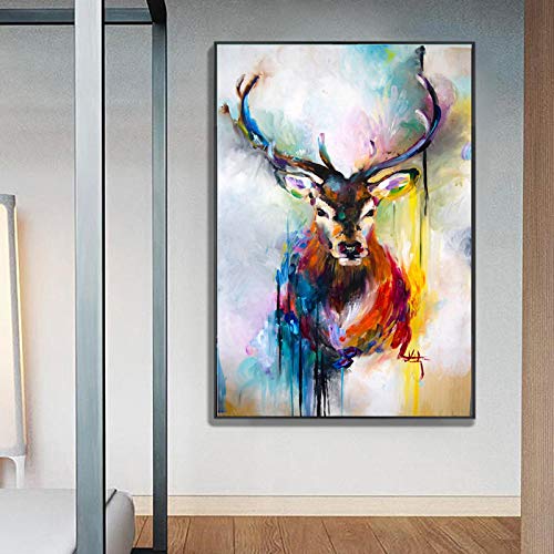 Yishui Art Leinwandbilder Nordische Tierwandkunst Bunte Hirschbilder Drucke Poster Ungerahmt Bilder Wohnzimmer Galerie Dekor 80x100cm(31x43in) Rahmenlos von Yishui Art