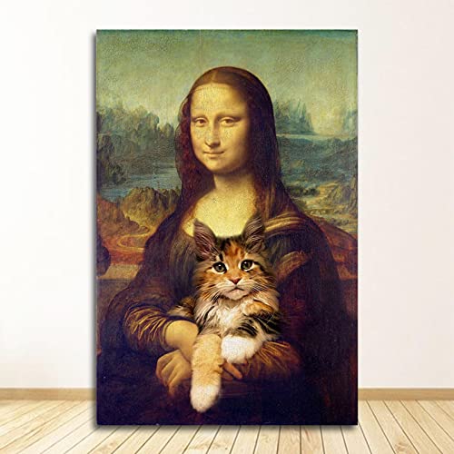 Yishui Art Mona Lisa und Katze Schlafzimmer Wohnzimmer Dekorative Leinwand Malerei Poster und Druck Wandkunst Bilder Bild Wohnkultur 50x75cm (20x30in) Rahmenlos von Yishui Art