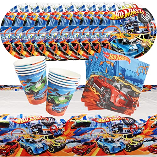 41Pcs Hot wheels Kindergeburtstag Partygeschirr Set, Rennwagen Geburtstag Dekoration, Rennauto Geburtstag Geschirr Kit, Tischdecke Teller Tassen Servietten, für Kindergeburtstag Party Supplies von Yisscen