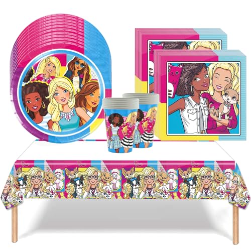 Barbiprinzessin Partygeschirr Geburtstag,41Pcs Prinzessin Geburtstag Party Supplies Dekorations Set,Geburtstag Geschirr Kit,Teller Becher Servietten Tischdecke,für Mädchen Kindergeburtstag Party (E) von Yisscen