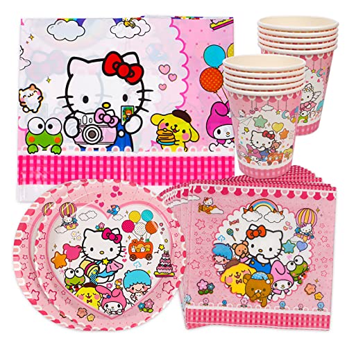 Hello Kitty Gebutstag Party Set, 41Pcs Partygeschirr Tischdeko, Hello Kitty Thema Party Supplies, Kindergeburtstag Party Deko, Teller Papierhandtuch Tischdecke Pappbecher, für Mädchen Party Deko von Yisscen