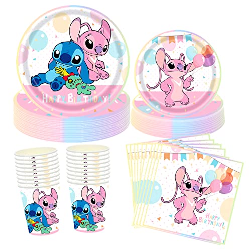 Stitch Kindergeburtstag Papier Geschirr Party Set, 50Pcs Partygeschirr Tischdeko, Party Tableware Supplies, Pappteller, Servietten, Pappbecher, für Kindergeburtstag Party Deko Junge Mädchen (Rosa) von Yisscen