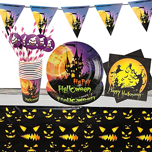 Yisscen Partygeschirr Set, 52 Stück Kindergeburtstag Tischdeko Halloween Deko Set enthält Papptelle Pappbecher Strohhalme Banner Servietten Tischdecke Halloween Tableware(Bietet Platz für 10 Gäste) von Yisscen