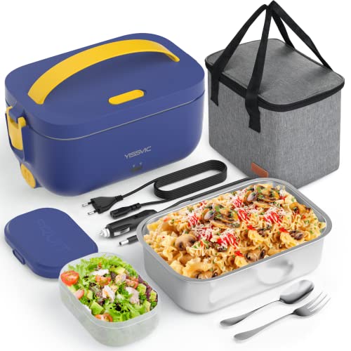 YISSVIC Beheizte Lunchbox 3 in 1 220 V 12 V 24 V Elektrische Heizbox 1,5 l Lunchbox mit abnehmbarer Tasche aus Edelstahl für Haus Büro Auto Picknick (blau) von Yissvic