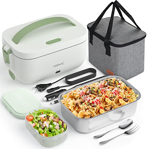 YISSVIC Heiznapf, Lunchbox, 3 in 1, 220 V, 12 V, 24 V, elektrische Heizbox, 1,5 l, mit abnehmbarer Lunchbox, aus Edelstahl, für Haus, Büro, Auto (grün) von Yissvic