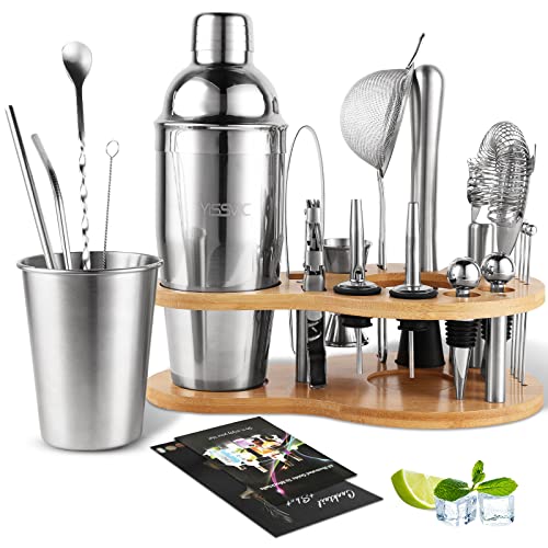 YISSVIC Cocktail Set 22 Stück Cocktail Barzubehör Mix Set Edelstahl Cocktailshaker 750ml mit Holzständer und Rezeptbuch von Yissvic