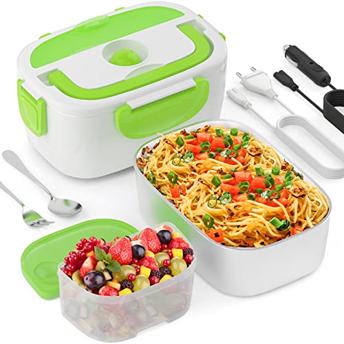 YISSVIC Elektrische Lunchbox Lebensmittelwärmer 1,5L Edelstahl Brotdose 220V 12V 24V 3 in 1 Tragbare für Haushalt und Auto mit Dose und Besteck (Weiß) von Yissvic