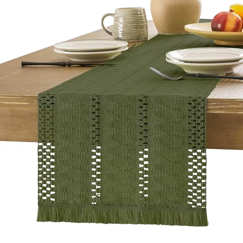 Yistoi Tischläufer Grün, Salbeigrün Boho, Tischläufer Frühling Modern, Bauernhaus Klein Tischdecke Landhausstil Läufer Baumwolle Leinen Table Runner für Hochzeit Party Deko 33x140 cm von Yistoi