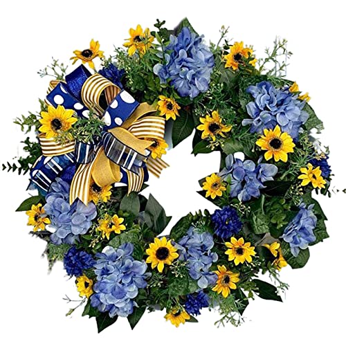 45,7 cm Frühling Sommer Hortensie Kranz Künstliche Blaue Hortensie Gelb Sonnenblumenkranz für Haustür, Bauernhaus Floral Eukalyptus Grün für Zuhause Hochzeit Party Dekor von Yitekrg