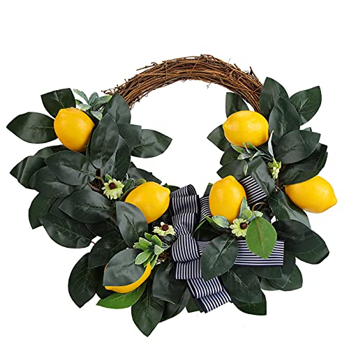 Künstlicher Zitronen-Gänseblümchen-Blumenkranz, Türkranz, Blumen-Tür-Hängeblätter, Feiertags-Zitronenkranz, Obstkranz mit Gelber Zitrone und Künstlichen Grünen Blättern für die Haustür von Yitekrg