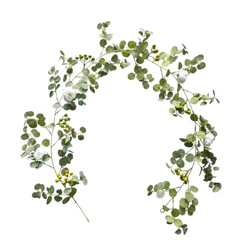 Yitekrg 5,7 Fuß Eukalyptus-Girlande mit Blumen, Künstliche Eukalyptus-Ranken-Blumengirlande, Silberdollar-Grün-Tischgirlande, Frühlings-Sommer-Blumengirlande für Hochzeit, Zuhause, Party,(Weiß) von Yitekrg