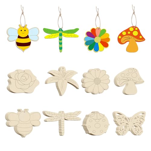 Yitexin 40 Stück Unbemalte Holzanhänger zum Bemalen Kinder mit Loch und Schnur, Tiere, Pflanzen, und Blumen Holzblumen zum Basteln, Frühlingsanhänger aus Holz zum Aufhängen (8 Stile) von Yitexin