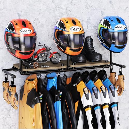 Yitexin Motorrad Helmhalter, Helmständer mit 4 Handschuhklemmen, Helmaufhänger Wandhalterung für Motorradzubehör Aufbewahrung (3 Regale) von Yitexin
