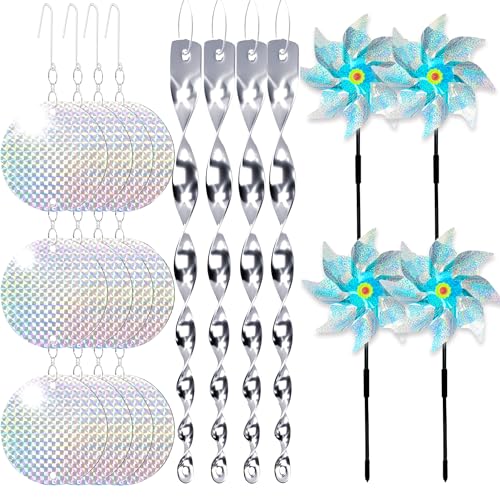 12-teiliges Taubenabschreckungs-Set für Gärten, 4 Windmühlen + 4 Vogelabschreckungsstäbe + 4 reflektierende Scheiben, hält Vögel von Ihrem Haus, Garten, Terrasse fern von Yitla