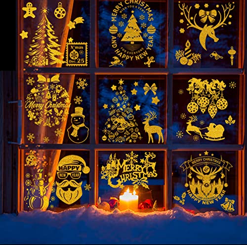 Weihnachtsdeko Fenster Deko,Fensterbilder Selbstklebend Abnehmbare Fensterdeko Statisch Haftende PVC Aufkleber Weihnachten,Fensterbilder Weihnachten Winter Deko (Glitzer-Goldene) von Yitla