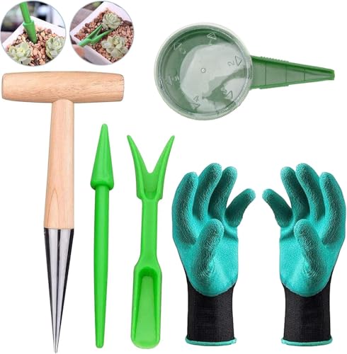 Pikierstab,sämaschine,Pflanzholz,Pflanzholz Garten Pflanzer Werkzeug,5 Stück Gartenwerkzeug Set,Blumenzwiebel pflanzholz Werkzeuge und Handschuhe von Yitobici